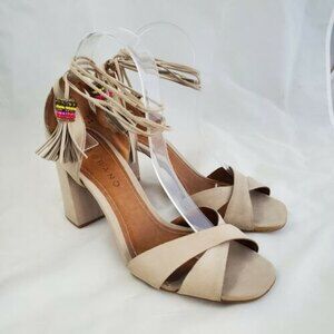 Andrea Carrano Suede Lace Up Sandals 10 Beige Beaded Tassels Boho Chic